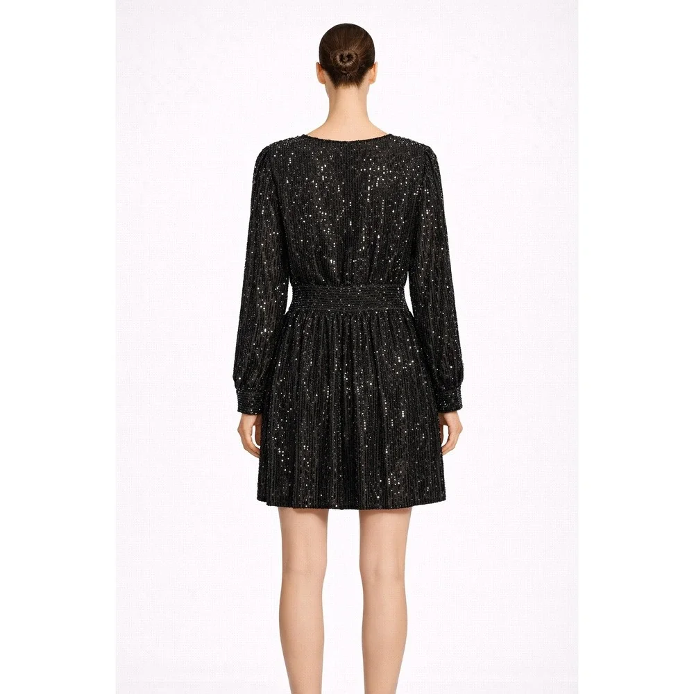 MICHAEL KORS Black Sequin V‎ Neck Long Sleeve Smocked Waist Women's size P/L